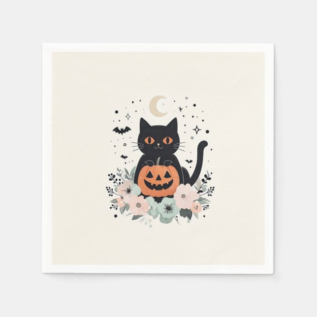 Guardanapo De Papel Gato Preto de Halloween Fofo, Lua e Abóbora (Frente)