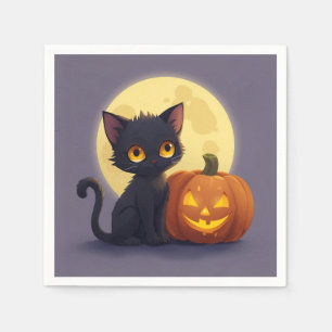 Guardanapo De Papel Gato preto e branco com abóbora esculpida brilhant