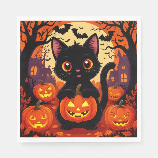 Guardanapo De Papel Gato Preto Fofo com Abóboras de Halloween (Frente)