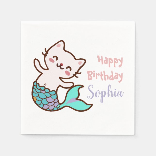 Guardanapo De Papel Gato Sereia Festa de aniversário Rúscula Meowmaid (Frente)