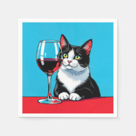 Guardanapo De Papel Gato Tuxedo Com Copo de Vinho Tinto