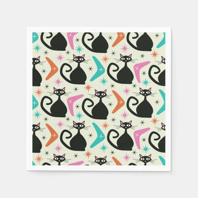 Guardanapo De Papel Gatos Atômicos Pretos de Meados do Século com Bume (Frente)