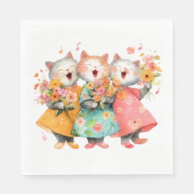 Guardanapo De Papel Gatos Cantores Segurando Ramalhetes (Frente)