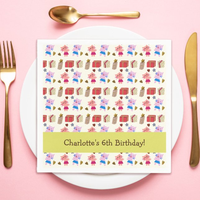 Guardanapo De Papel Gatos e Presentes | Aniversário de criança amarelo (Criador carregado)