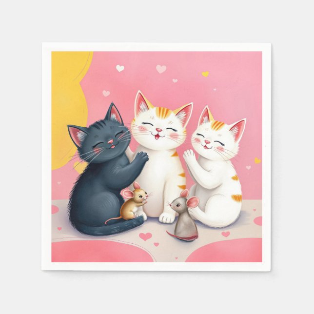 Guardanapo De Papel Gatos e Ratos de Arte Kawaii (Frente)