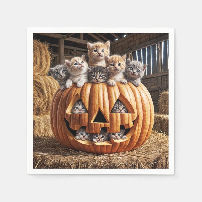 Guardanapo De Papel Gatos em Abóbora de Halloween (Frente)