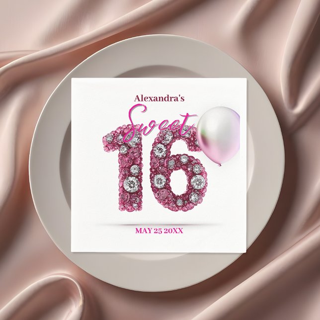 Guardanapo De Papel Gelado Espumante Rosa e Gemstone Branca Sweet 16 (Criador carregado)