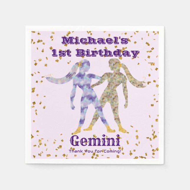 Guardanapo De Papel Gemini Primeiro Aniversário e Dourado Confetti (Frente)