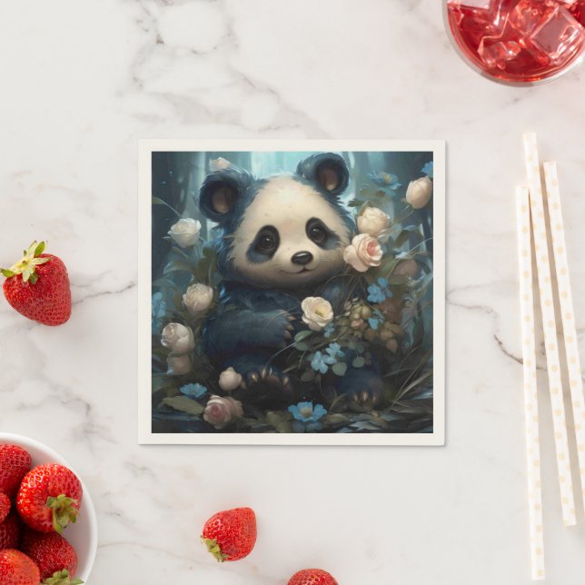 Guardanapo De Papel Gentil Urso Panda Entre Rosas Selvagens (Insitu)
