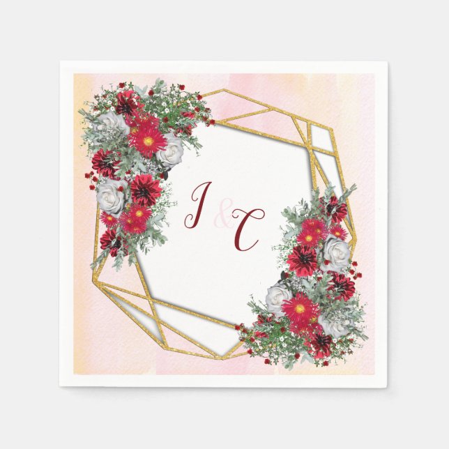 Guardanapo De Papel Geométrico - Buquês Dourados da Borgonha Glitter (Frente)