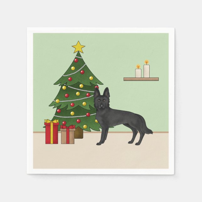 Guardanapo De Papel German shepherd Preto E Árvore De Natal Festiva (Frente)