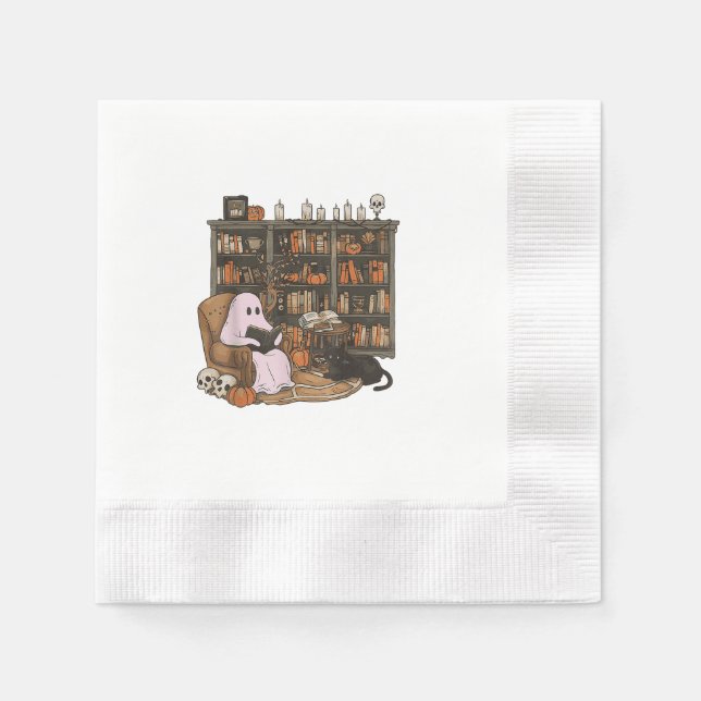 Guardanapo De Papel Ghost Reading Book Cat lover Halloween (Frente)