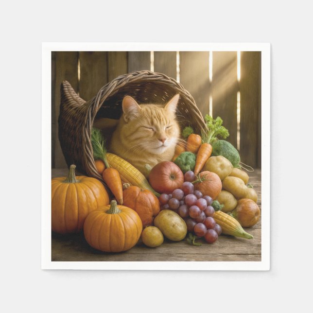 Guardanapo De Papel Ginger Cat In a Thanksgiving Cornucopia (Frente)