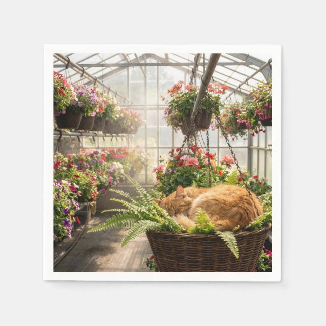 Guardanapo De Papel Ginger Cat Napping in Hanging Fern Basket (Frente)