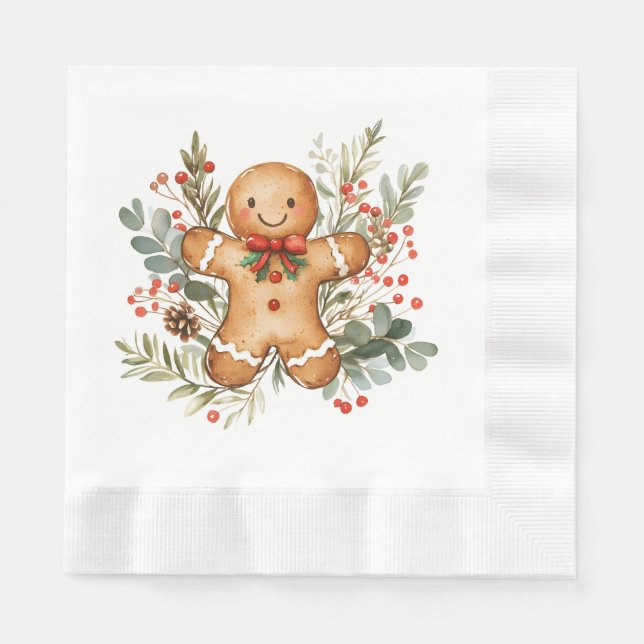 Guardanapo De Papel Gingerbread Man Greenery Foliage Christmas Napkin (Frente)