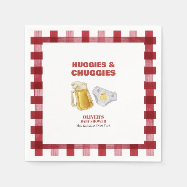 Guardanapo De Papel Gingham Huggies Chuggies Beer Diaper Baby Shower  (Frente)