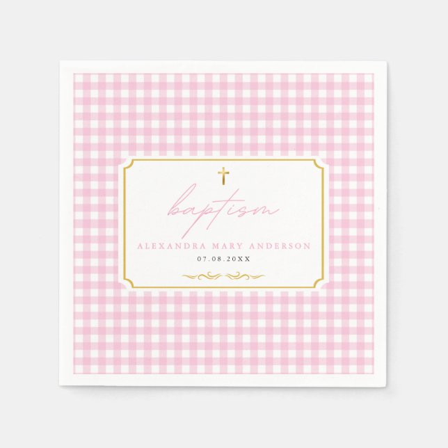 Guardanapo De Papel Gingham Menina Rosa Batismo Toco Elegante Minimali (Frente)