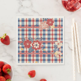 Guardanapo De Papel Gingham Patriótico com Acentos Florais | Vermelho 