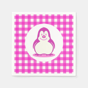Guardanapo De Papel Gingham rosa-quente adorável e pinguim-rosa sorrid