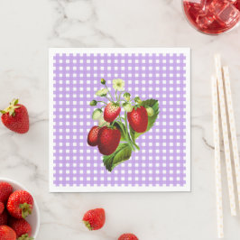 Guardanapo De Papel Gingham Roxo e Morangos Para Almoço