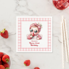 Guardanapo De Papel Gingham Strawberry Chic Berry Primeiro Aniversário