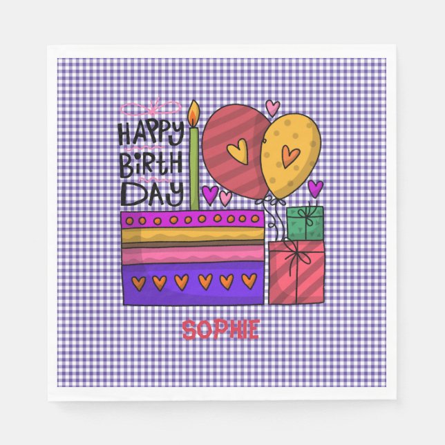 Guardanapo De Papel Ginham Purple e Red Birthday (Frente)