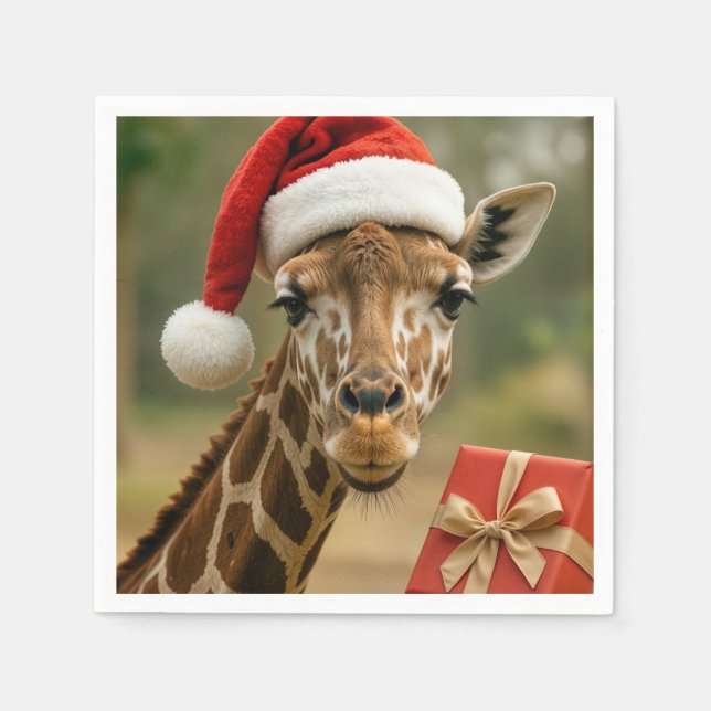 Guardanapo De Papel Girafa de Natal com Presente de Festa (Frente)