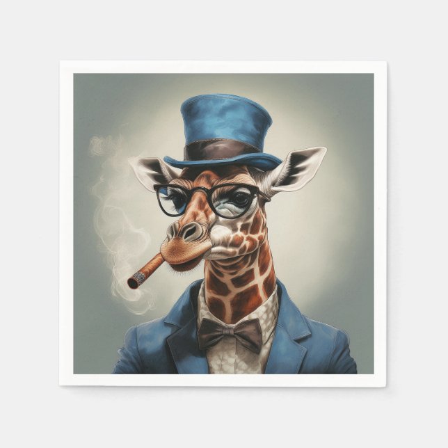 Guardanapo De Papel Girafa usando chapéu de copa alto fumando charuto (Frente)