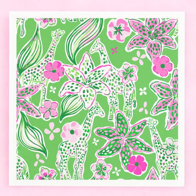Guardanapo De Papel Girafas Preppy Rosa Verde Lírio  (Criador carregado)