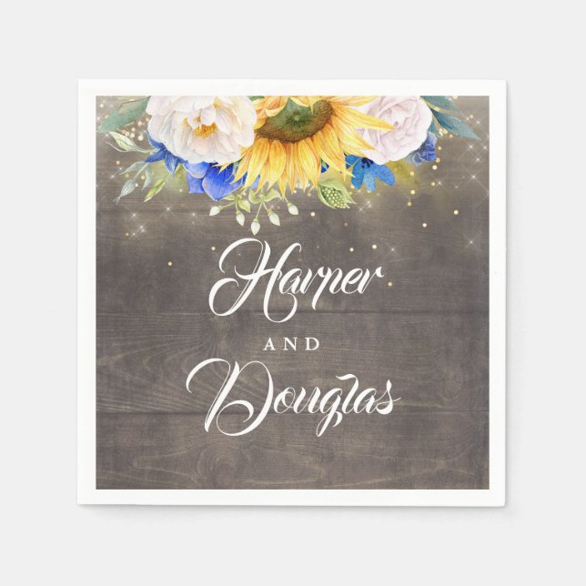 Guardanapo De Papel Girassóis Marinho Casamento outono Azul e Branco (Frente)