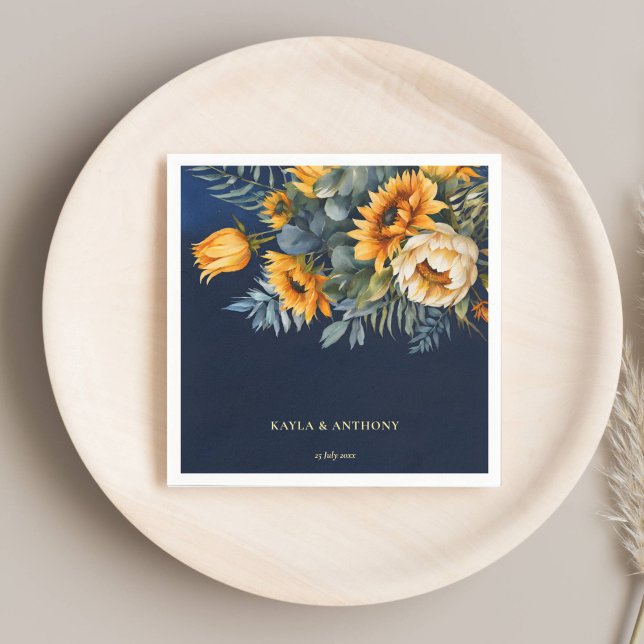Guardanapo De Papel girassol azul-rústico do marinho do casamento outo (Fall wedding navy blue rustic sunflower printed napkins template personalized tableware decor)