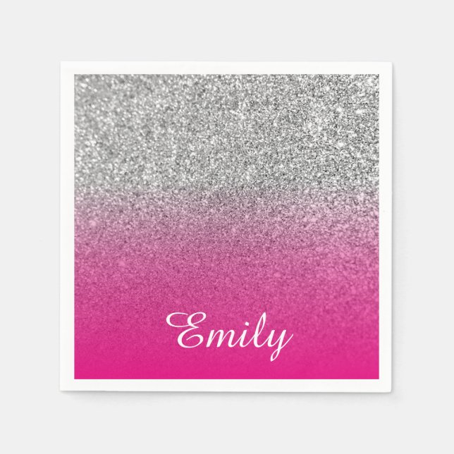 Guardanapo De Papel Girassol Silver Glitter Hot Pink Personalizado (Frente)