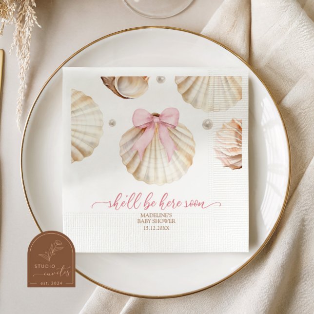 Guardanapo De Papel Girl Pink Bow Shell Baby Shower Paper Napkins (Criador carregado)