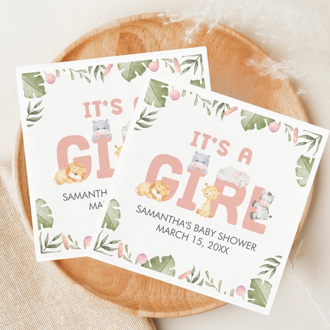 Guardanapo De Papel Girl Safari Animal Baby Shower  (Safari Jungle Animals Baby Shower Napkin)