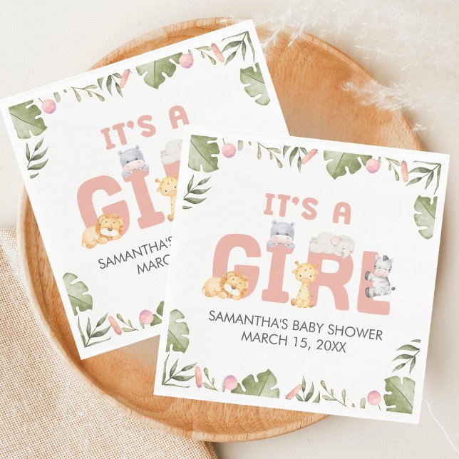 Guardanapo De Papel Girl Safari Animal Baby Shower  (Safari Jungle Animals Baby Shower Napkin)