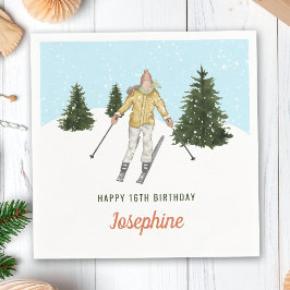Guardanapo De Papel Girl Skiing In Winter Scene Watercolor Birthday