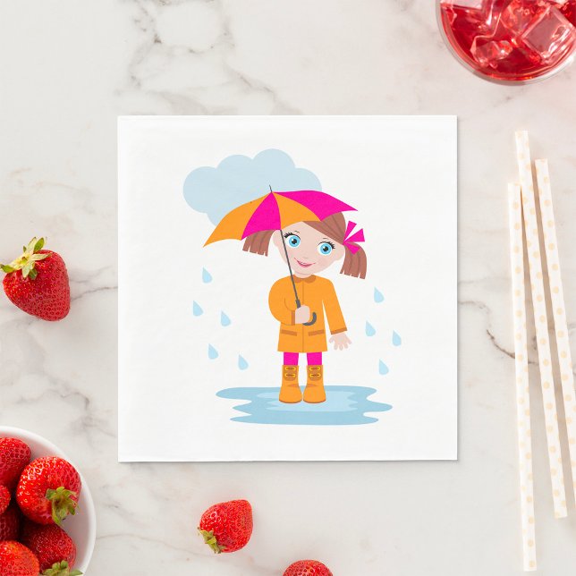 Guardanapo De Papel Girl with Umbrella in Rain Kids Rainy Day (Criador carregado)