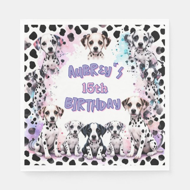 Guardanapo De Papel Girl's Dalmatian Puppy Pastel Purple Birthday (Frente)