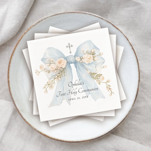 Guardanapo De Papel Girl's First Communion Dusty Blue Floral Bow (Criador carregado)