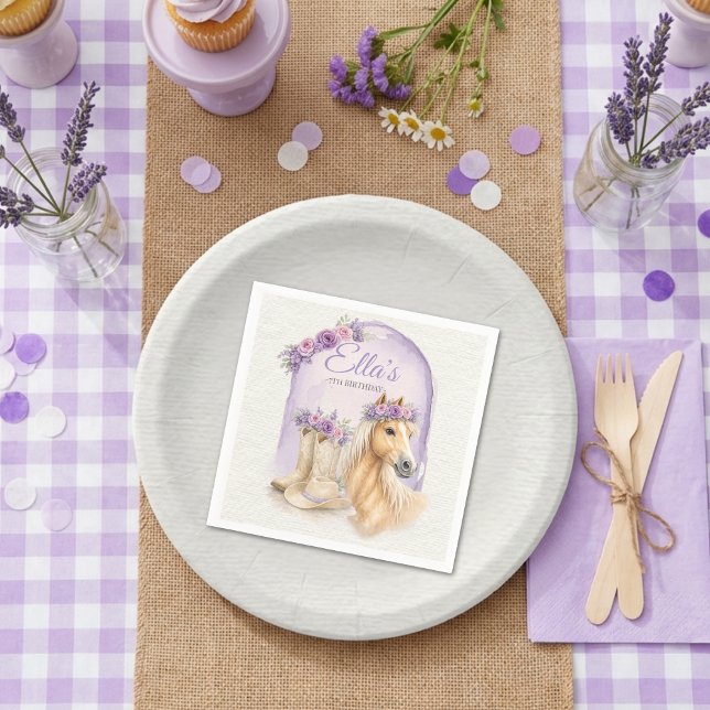 Guardanapo De Papel Girls Purple Floral Horse Birthday Napkins (Criador carregado)