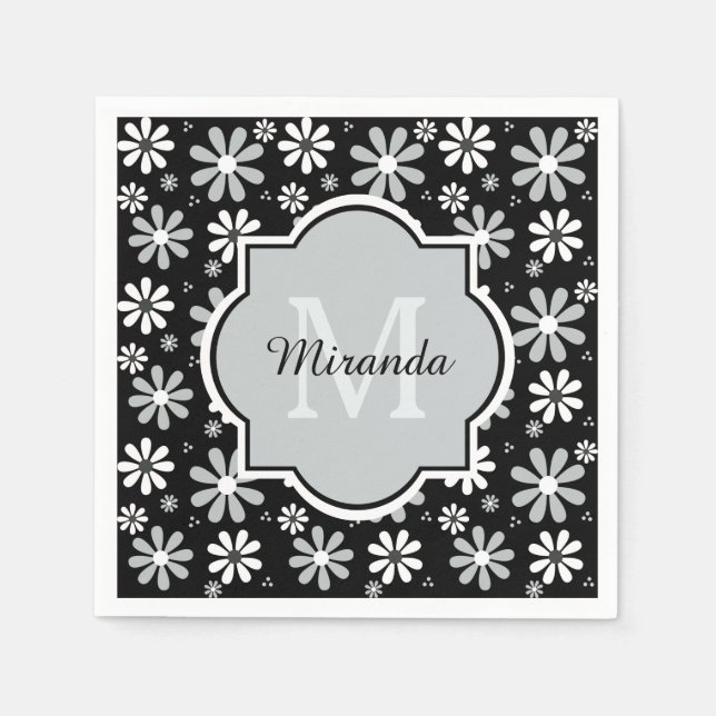 Guardanapo De Papel Girly Monogramas Black White Daisy Flowers Com Nom (Frente)