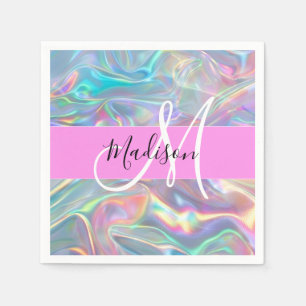 Guardanapo De Papel Girly Rainbow Holographic Nome do Monograma Irides