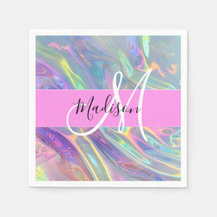 Guardanapo De Papel Girly Rainbow Holographic Nome do Monograma Irides