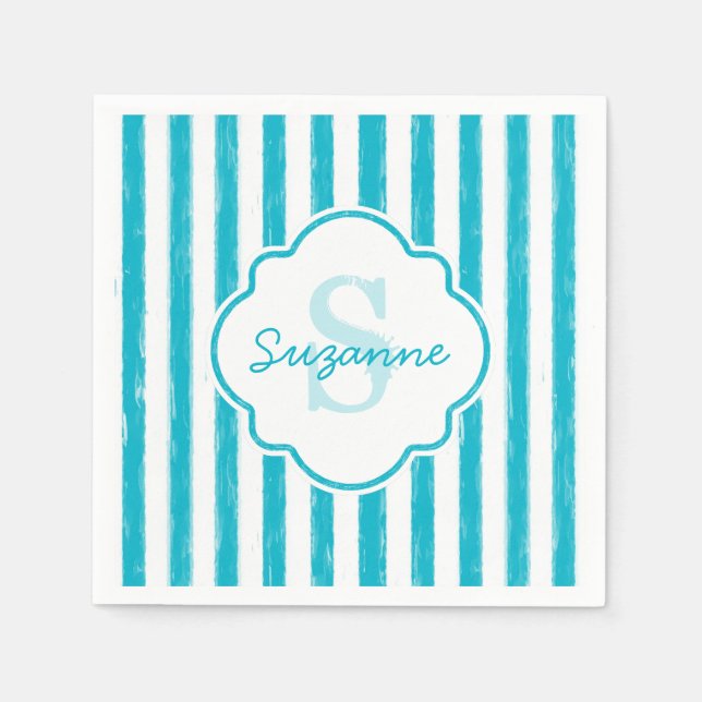 Guardanapo De Papel Girly Turquoise Pains Stripes Monograma e Nome (Frente)