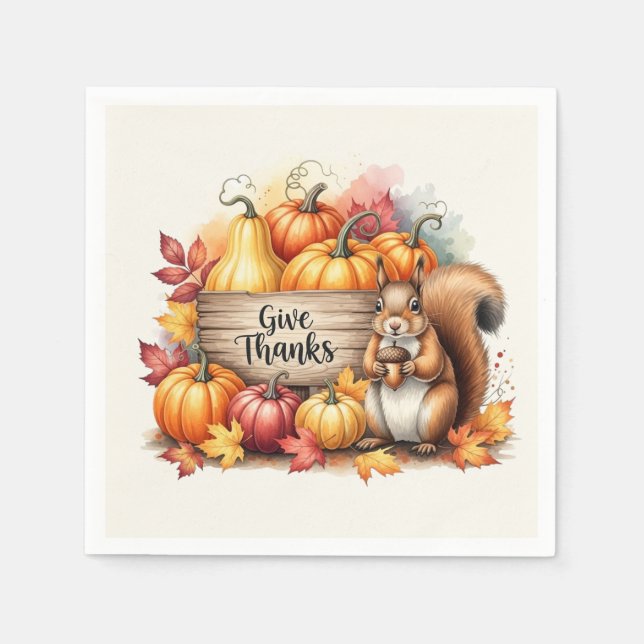Guardanapo De Papel Give Thanks – Whimsical Squirrel & Pumpkin Harvest (Frente)