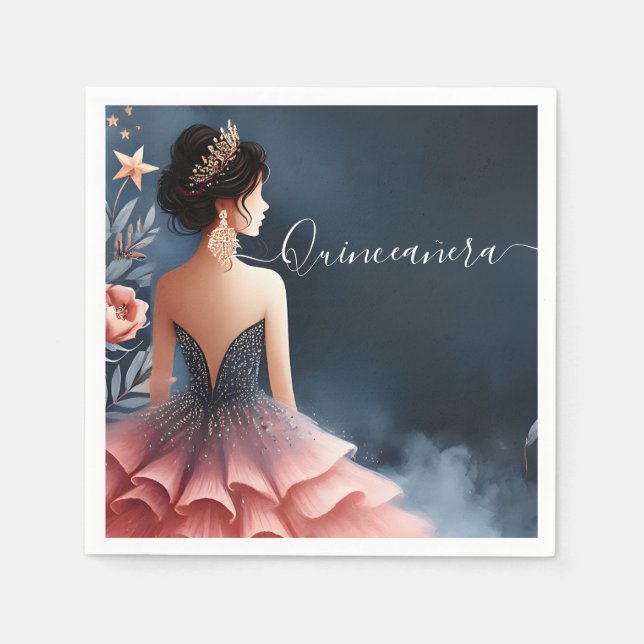 Guardanapo De Papel Glam Ball Gown Spark Dark Marinho Quinceanera Azul (Frente)