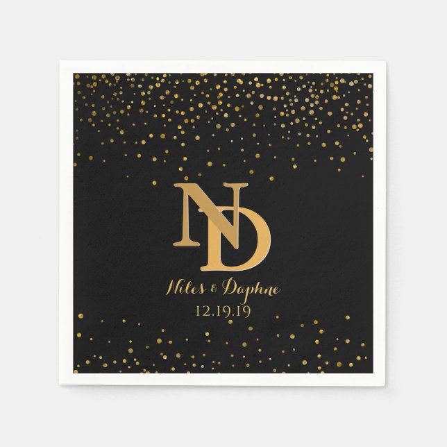 Guardanapo De Papel Glam Black Dourado Casamento Confetti | Monograma  (Frente)