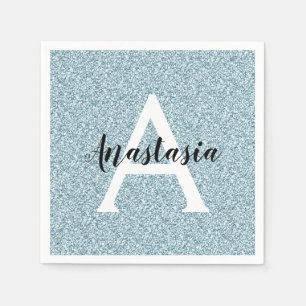 Guardanapo De Papel Glam Blue Silver Glitter Sparkles Nome do Monogram