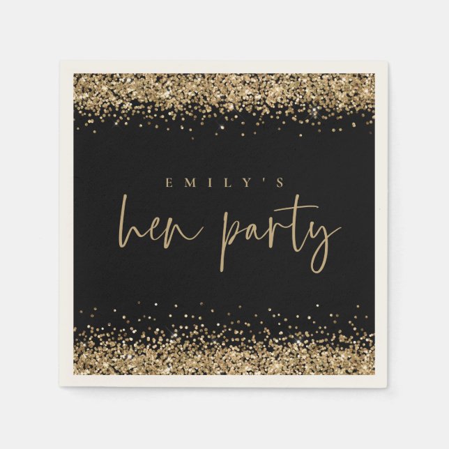 Guardanapo De Papel Glam Dourado Glitter Name Hen Party Black (Frente)