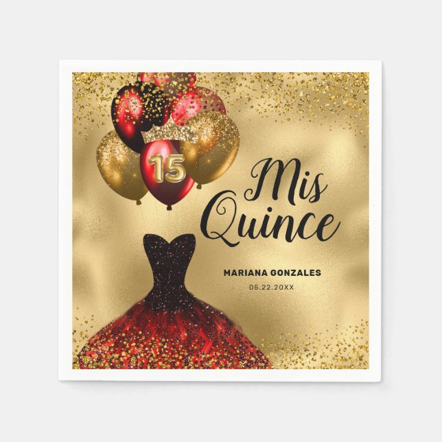 Guardanapo De Papel Glam Dourado Red Glitter Quinceanera Mis Quince (Frente)